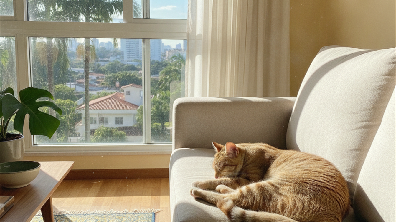 gato descansando no sofa de apartamento perto da janela