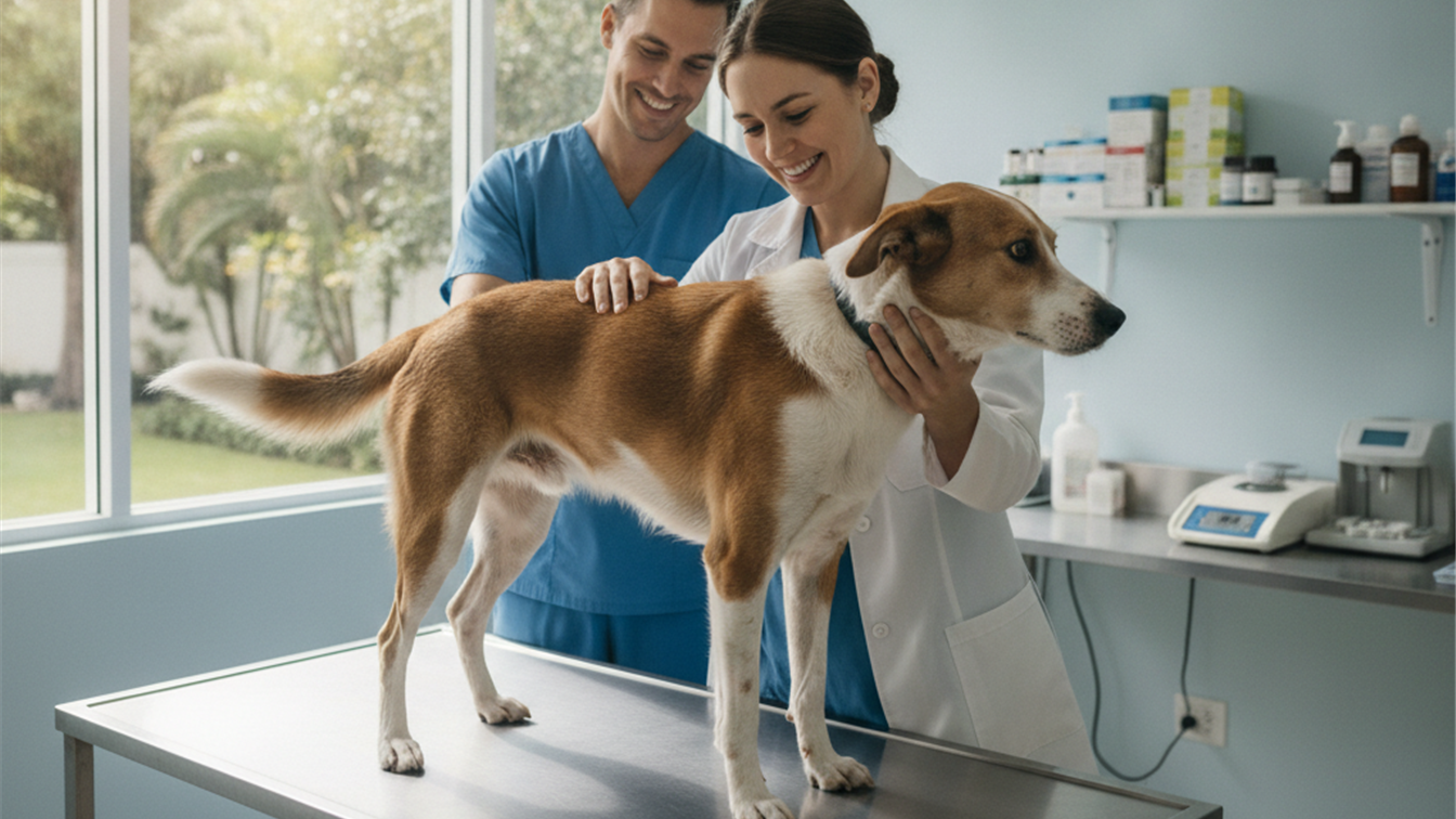 Cão vira-lata sendo examinado por veterinário em consulta de rotina