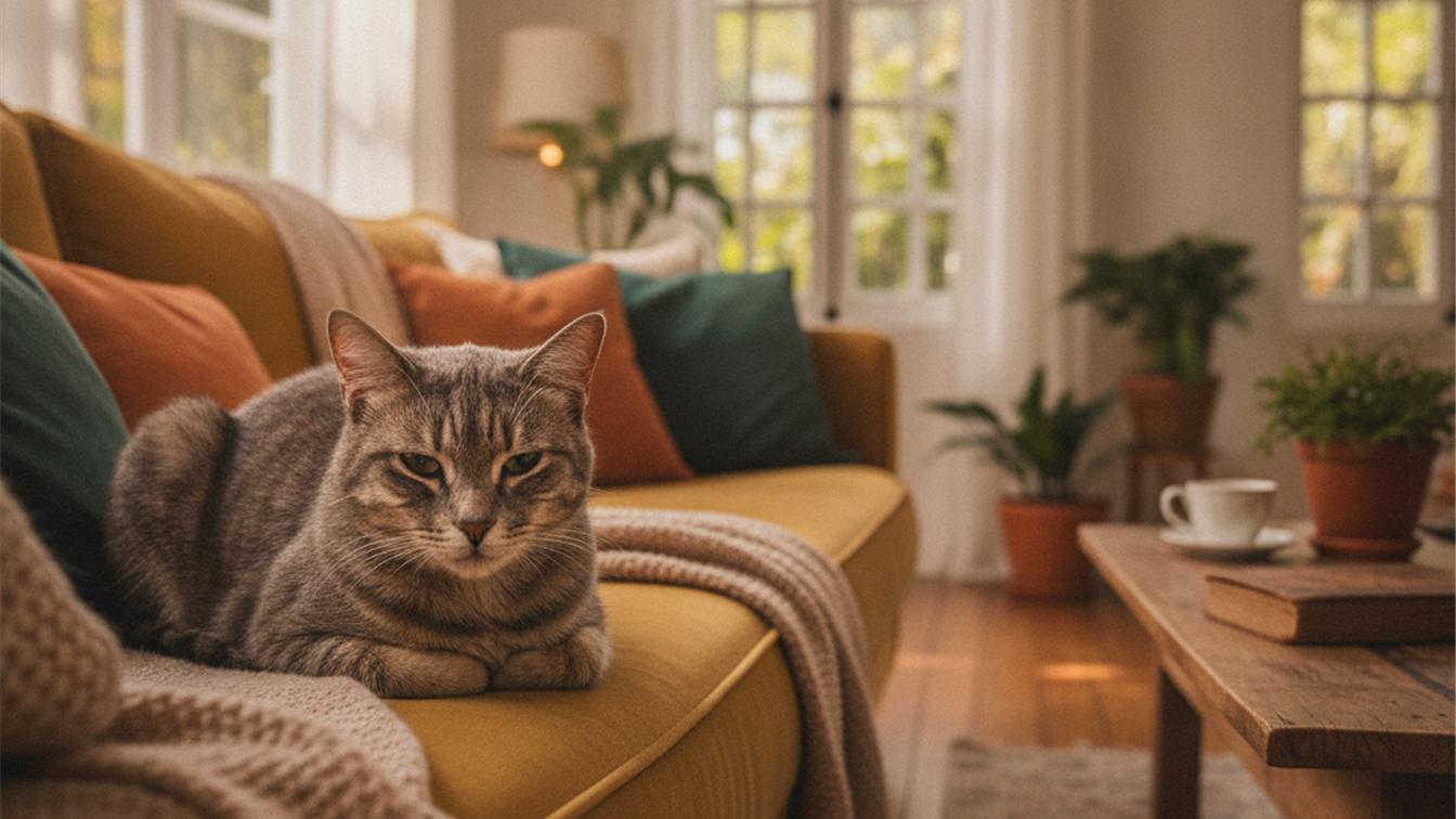 Gato cinza deitado no sofa com vomito e mal-estar